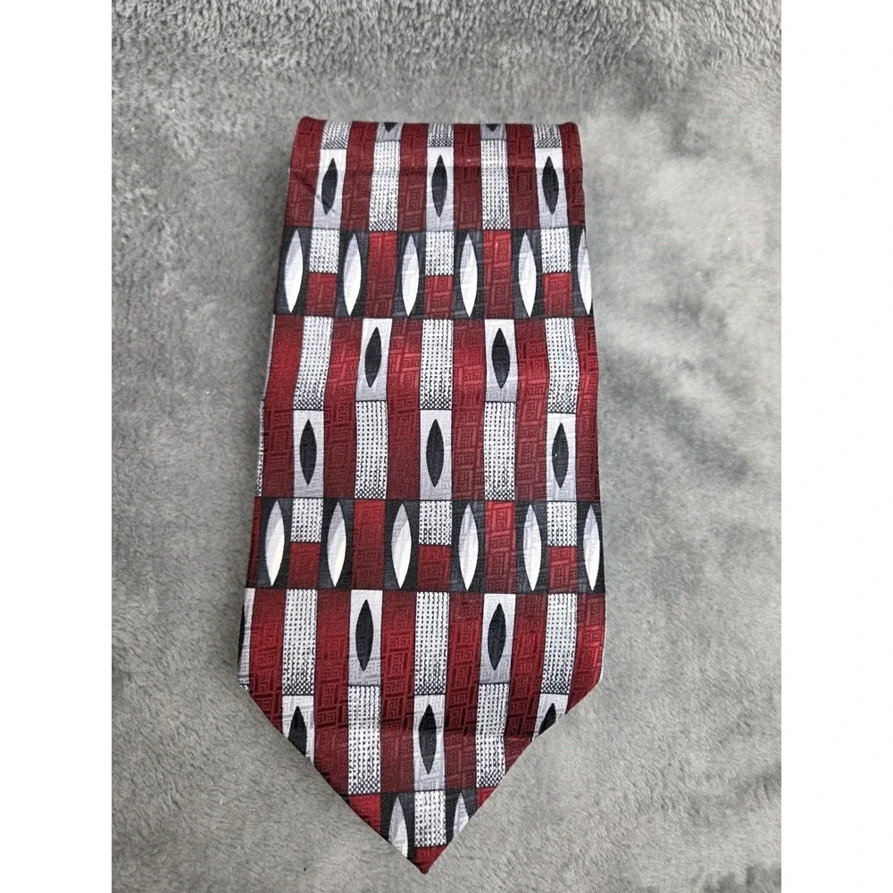 Pierre Cardin Silk Tie Retro Red Black‎ Silver Geometric